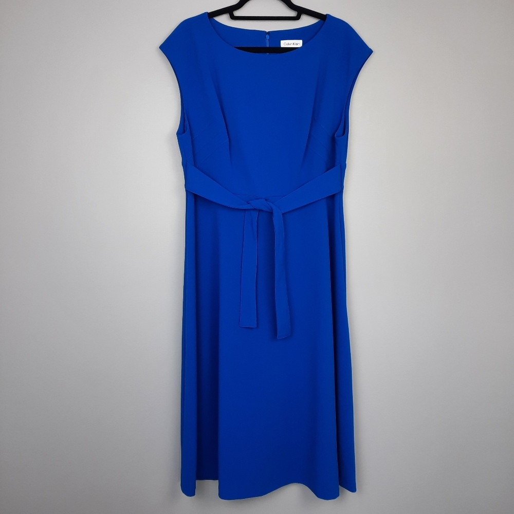 Calvin Klein Solid Royal Blue Cap Sleeve Belted A-Line Midi Dress size 14